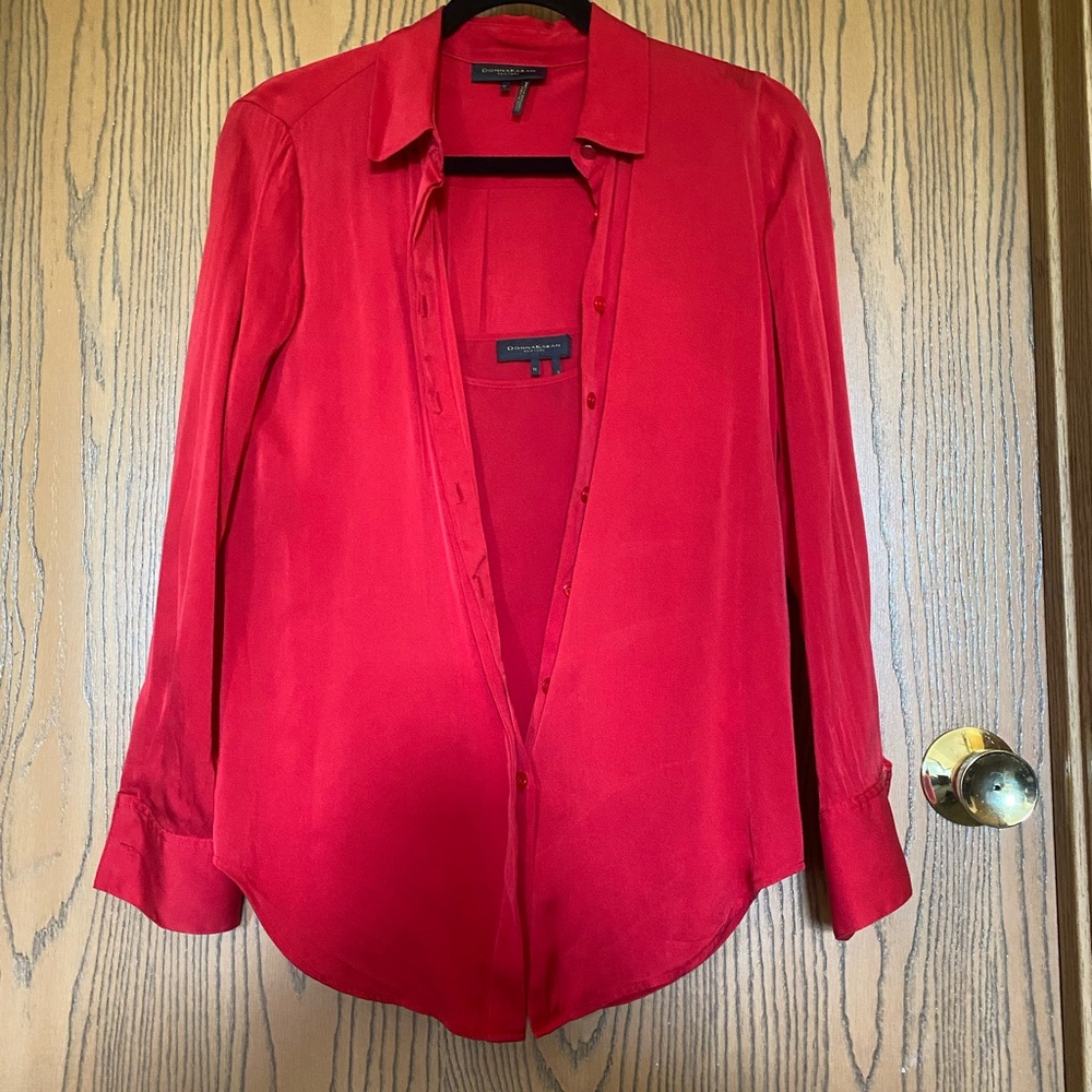 Silk Donna Karan Vibrant Red Button-Down Shirt